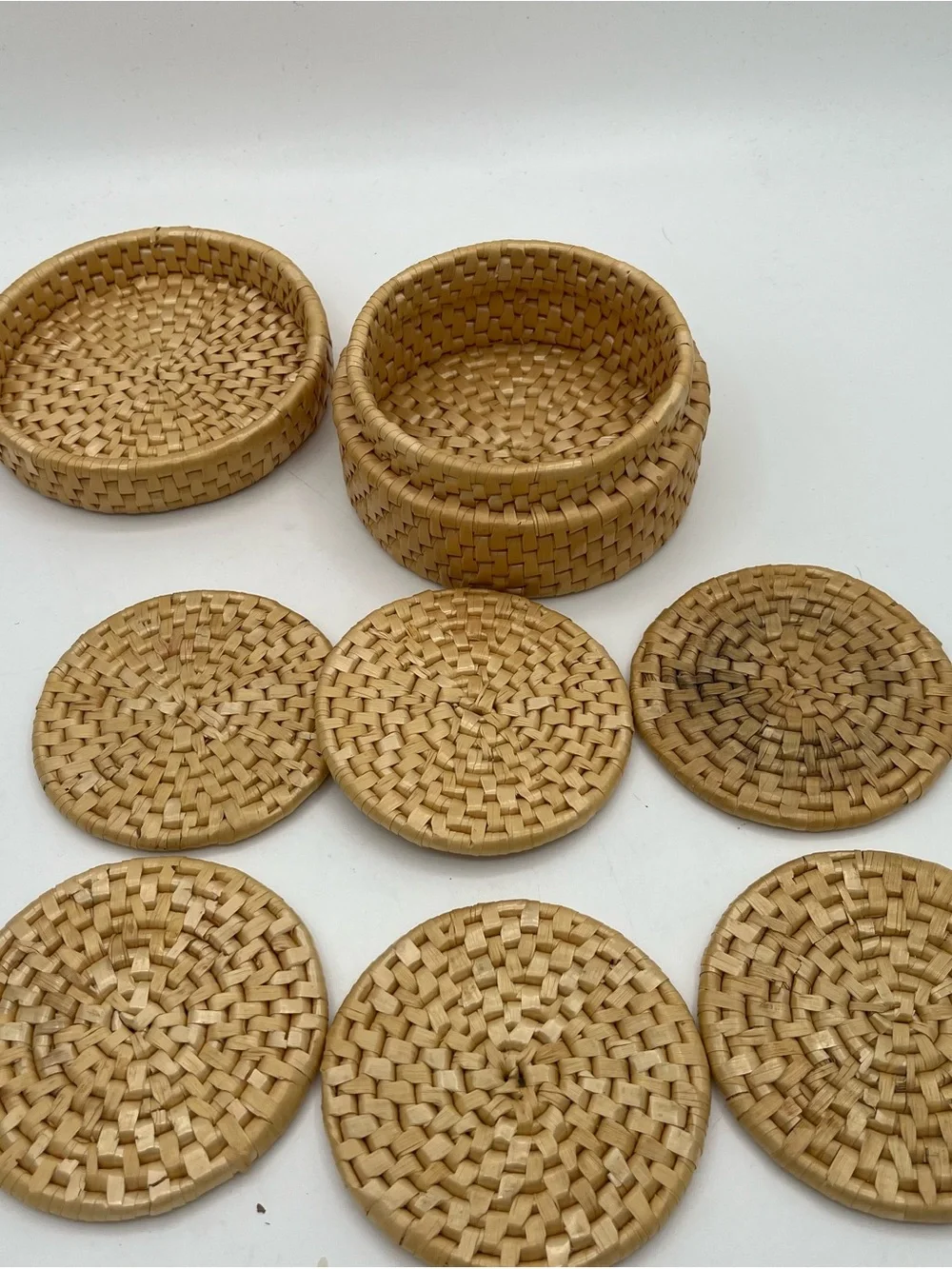 Vintage Natural Rattan Drink Coaster Set with Matching Holder